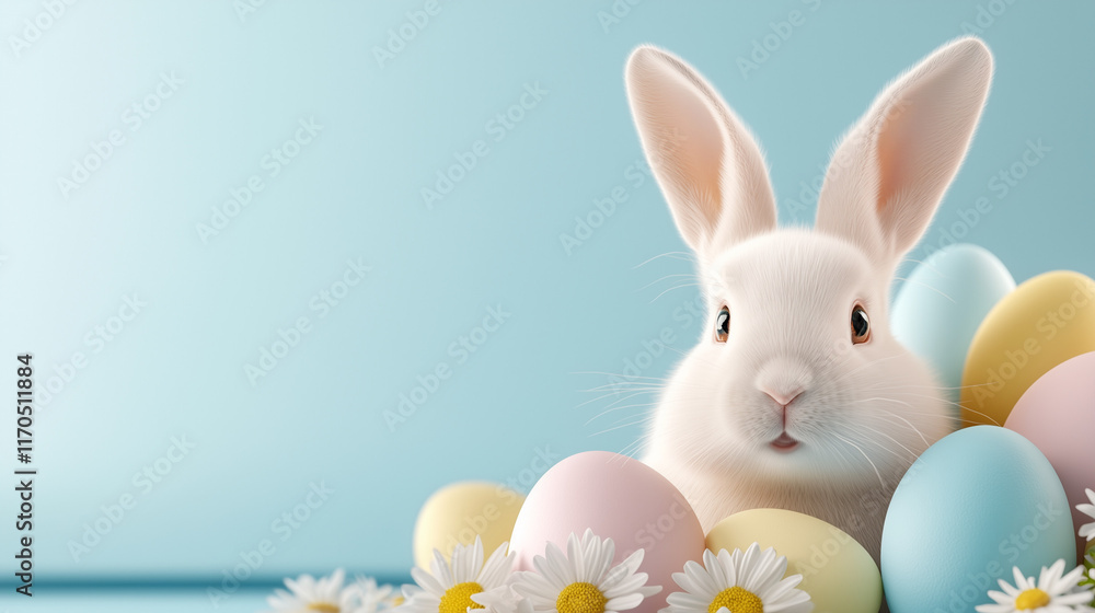 Obraz premium Easter card with a bunny surrounded by colorful eggs and daisies on a light blue background.