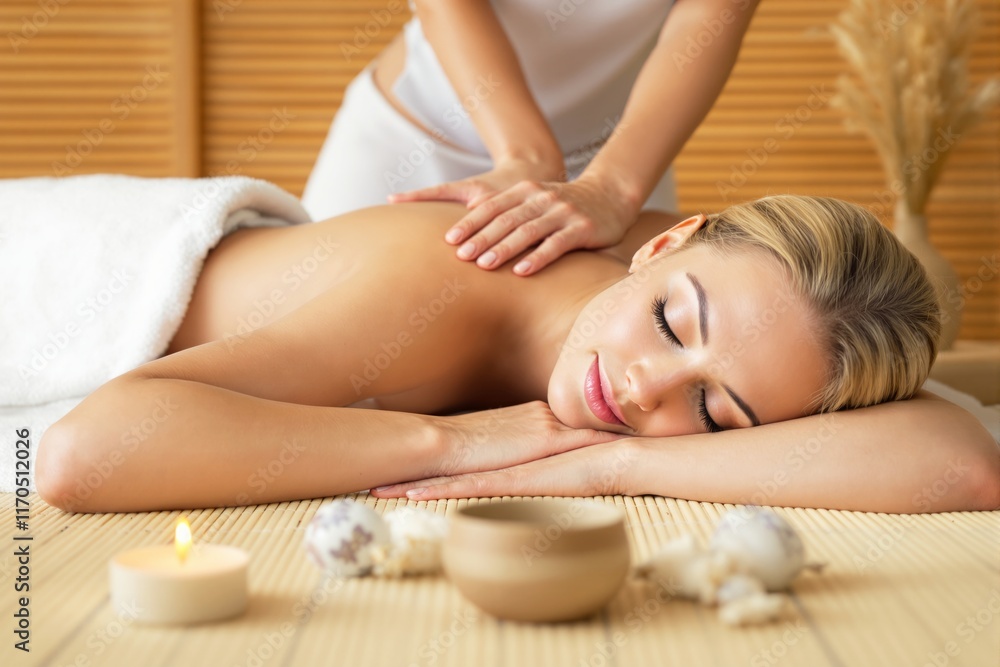 Woman receiving a back massage in a serene spa. Warm, peaceful setting with wooden background. Concept of relaxation, wellness, and self-care. Ai generative Woman receiving a back massage in a serene spa. Warm, peaceful setting with wooden background. Concept of relaxation, wellness, and self-care. Ai generative