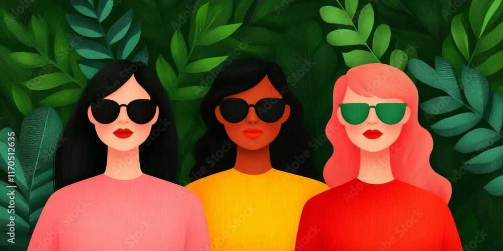 Fototapeta premium Three Women in Sunglasses Posing Against Lush Green Leaves in a Bright and Vibrant Outdoor Setting Reflecting Joy