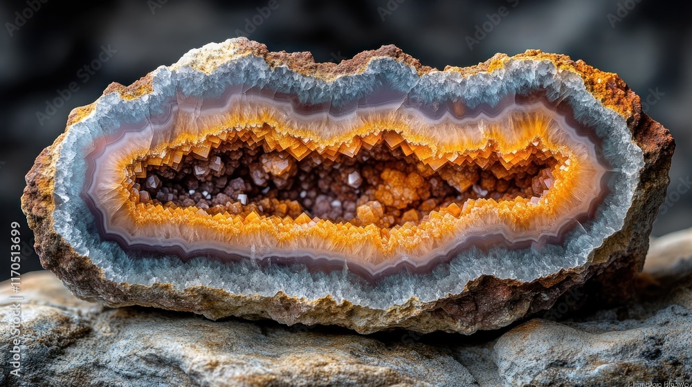 Obraz premium Polished agate geode with orange crystals.