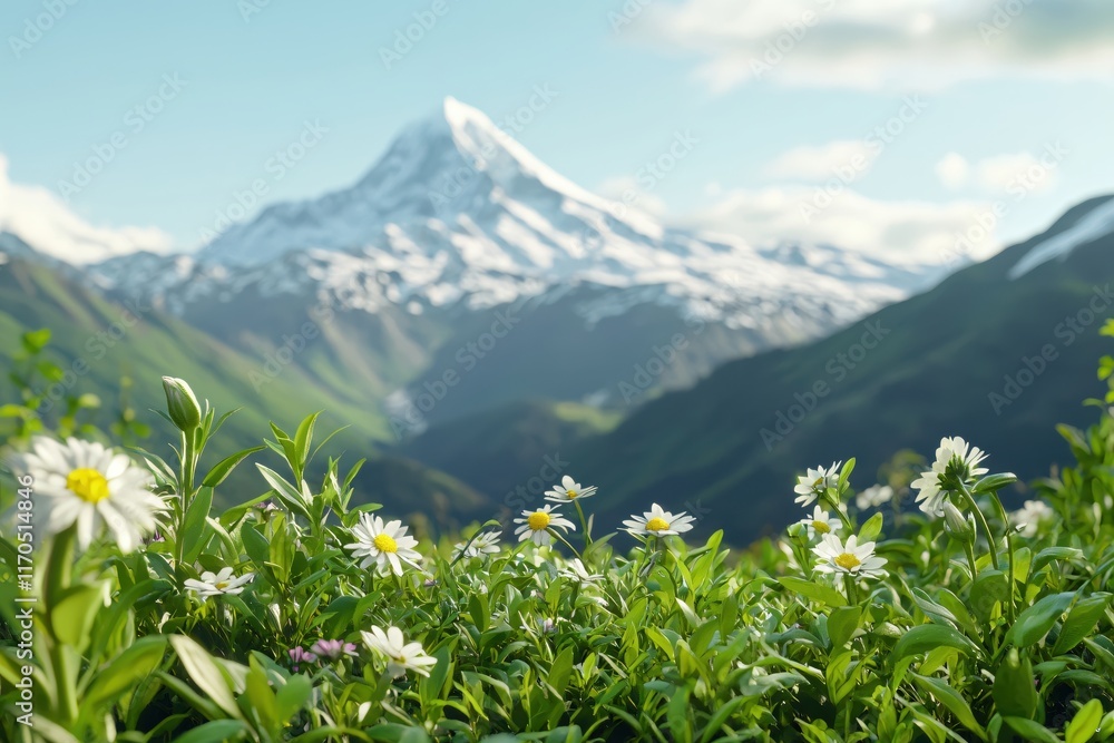 Fototapeta premium Scenic Mountain Landscape with Snowy Peak and Wildflowers in the Foreground on a Sunny Day