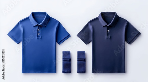 Navy blue polo shirt mockup, front and back views displayed on white background, minimalistic and clean for branding or print design showcase