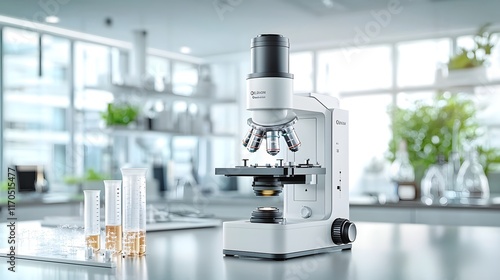 Quantum enhanced microscope capturing nanoscale structures and details in a brightly lit scientific laboratory leaving copy space on the top left for text or design overlay photo