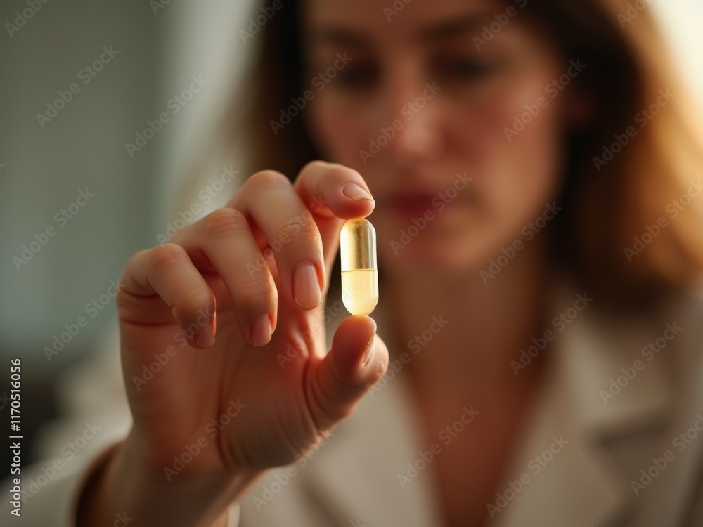 Healthcare and Wellness Lifestyle Close-up of Hand Holding Supplement Capsule, pill with Soft Focus Portrait in Natural Light Healthcare and Wellness Lifestyle Close-up of Hand Holding Supplement Capsule, pill with Soft Focus Portrait in Natural Light