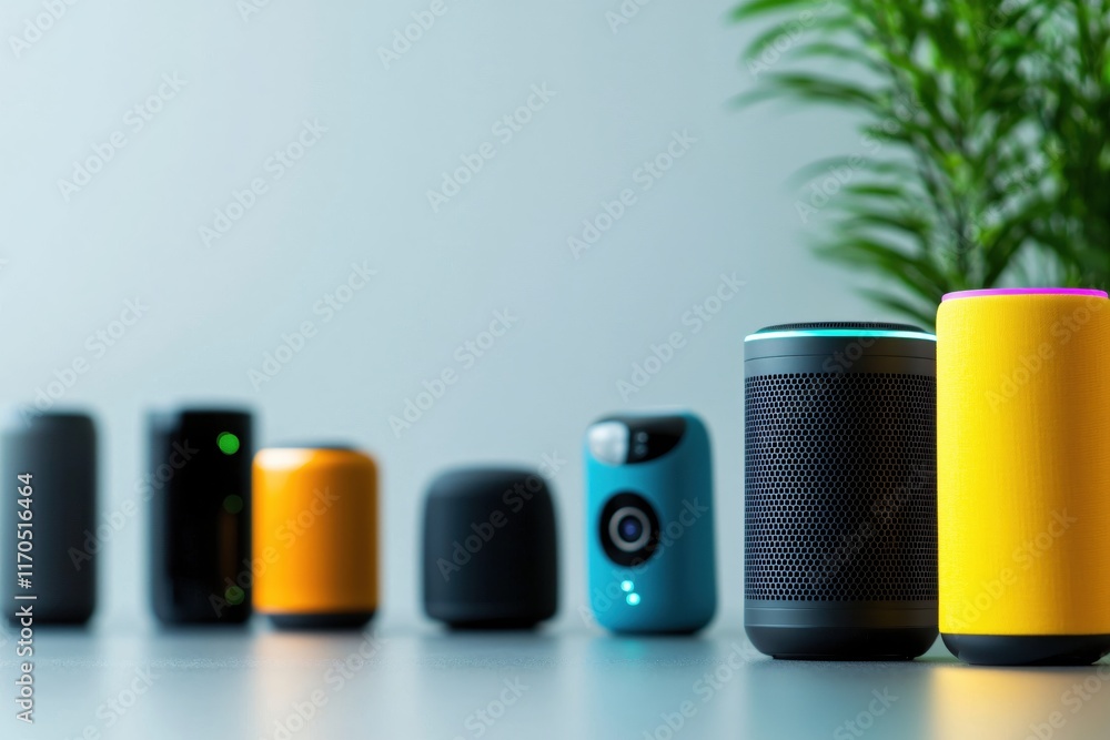 Modern Bluetooth Speakers in a Stylish Home Setting with Green Plant Background Modern Bluetooth Speakers in a Stylish Home Setting with Green Plant Background