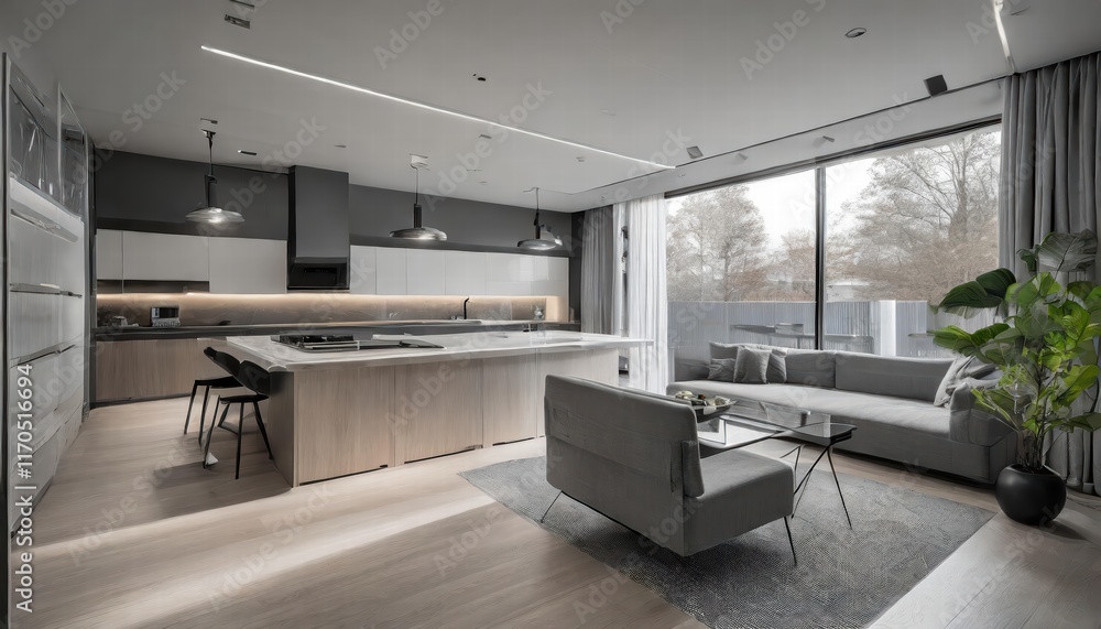 Fototapeta premium Explore the Essence of Modern Minimalism A Stunning Home Interior Design Featuring Clean Lines, Sleek Furniture, and a Serene Neutral Color Palette for a Chic and Timeless Living Space.