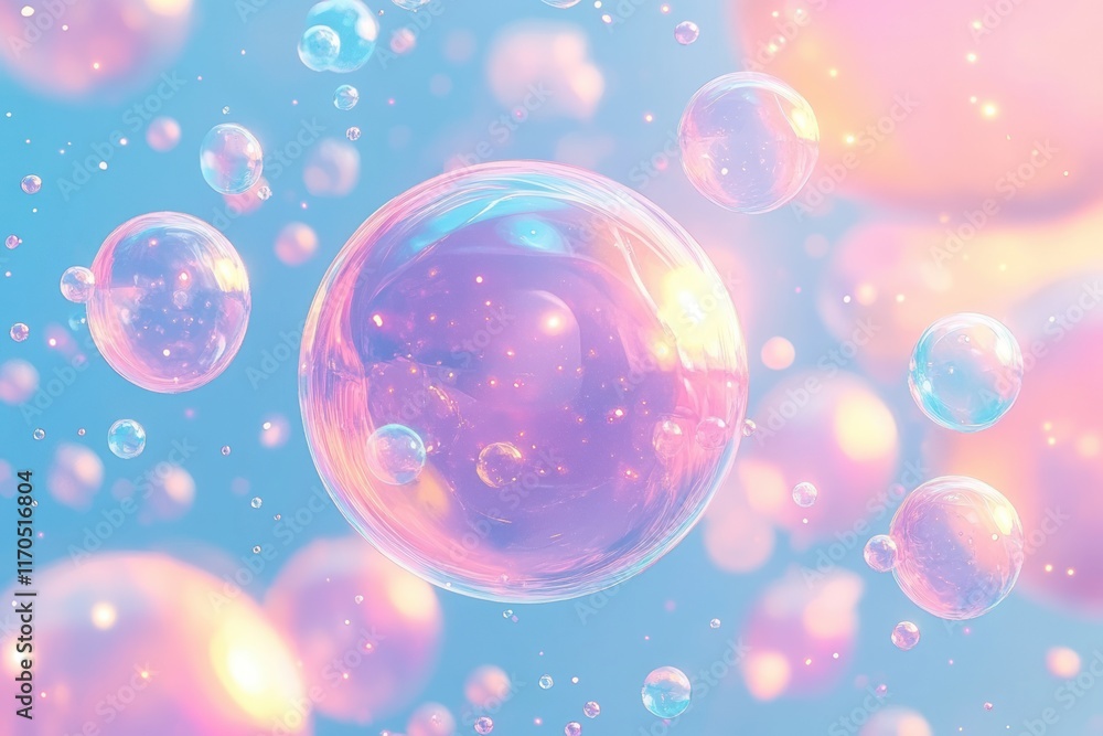 Colorful Soap Bubbles and Sparkling Stars in a Fantasy Sky Background Colorful Soap Bubbles and Sparkling Stars in a Fantasy Sky Background