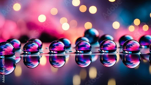 Abstract Close-Up of Colorful Glass Beads with Sparkling Bokeh and Reflections on a Shiny Surface

 photo