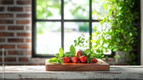 Fresh Strawberries with Mint Leaves on Wooden Cutting Board in Bright Kitchen Setting photo