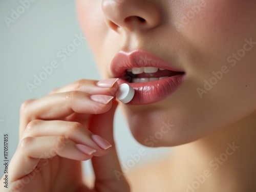  Close-up of Woman's Perfect Lips Taking  Medical Capsule, pill Healthcare and Daily Supplement Concept with Soft Focus Background