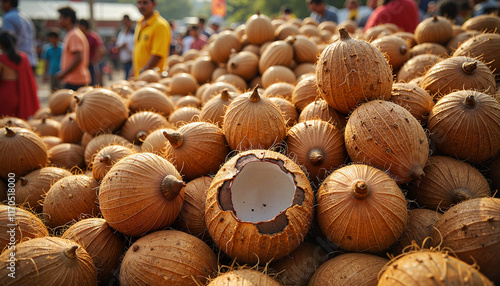 Coconut offerings stacked for Thaipusam festival, vibrant devotion photo