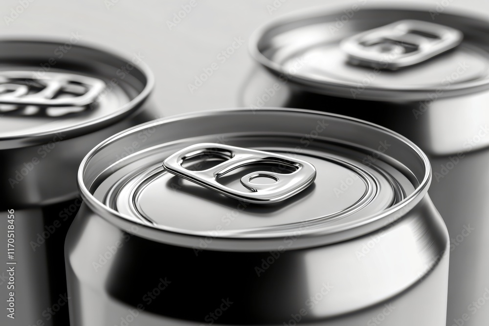 Close-up of Metallic Beverage Cans with Flip-top Tabs on Light Background Close-up of Metallic Beverage Cans with Flip-top Tabs on Light Background