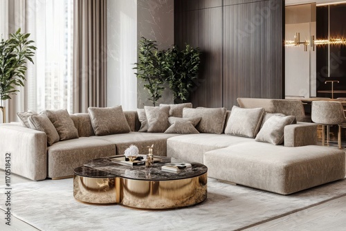 Modern beige sectional sofa with marble coffee table in luxury living room.