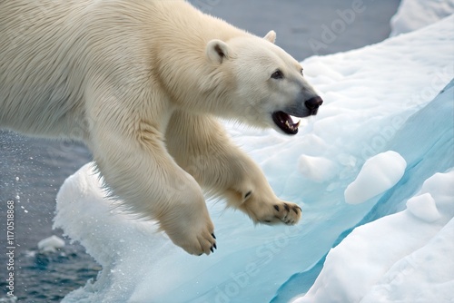 Polar Bear leaping a gap in the ice, head on close up, mid-air photo