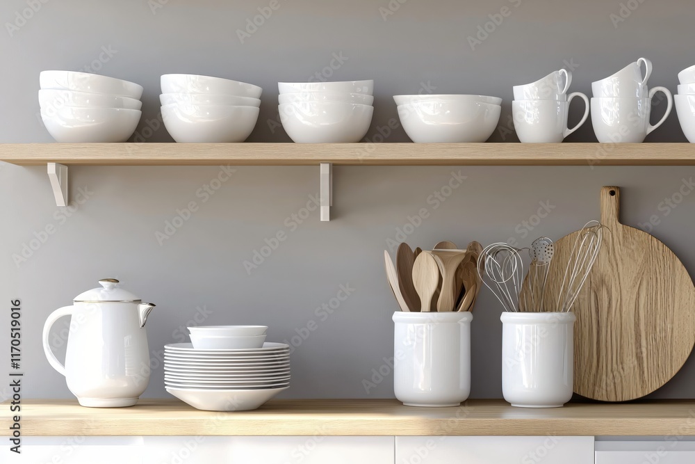 Fototapeta premium Modern Kitchen Shelf with Elegant White Dinnerware and Cooking Utensils in Minimalist Design
