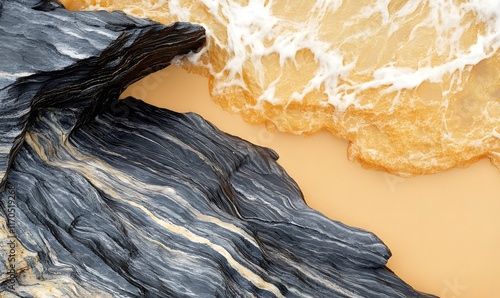 Dark and light rocks meet foamy ocean water.