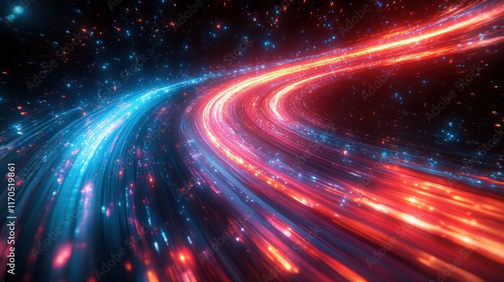Fototapeta premium Vibrant Red and Blue Light Streaks with Neon Effects in Dynamic Motion Blur on Dark Background