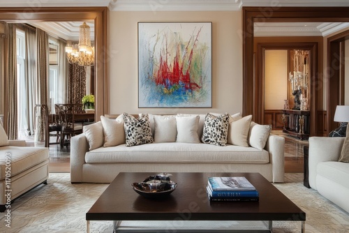 Luxurious living room with off-white sofa, coffee table, and abstract artwork.