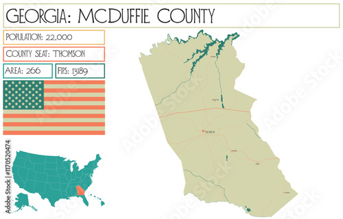 Large and detailed map of McDuffie County in Georgia USA.