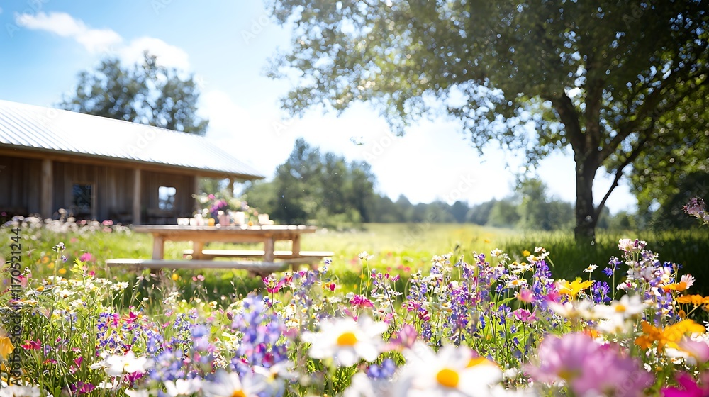 Rustic wooden picnic table set amidst vibrant wildflowers and a farmhouse in a sunny meadow. Rustic wooden picnic table set amidst vibrant wildflowers and a farmhouse in a sunny meadow.