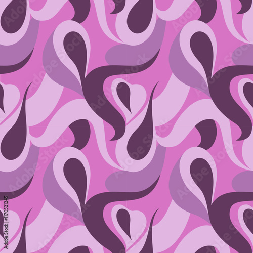 Seamless abstract pattern with flowing curves and waves in shades of pink and purple, creating a retro and stylish design perfect for textiles and wallpapers