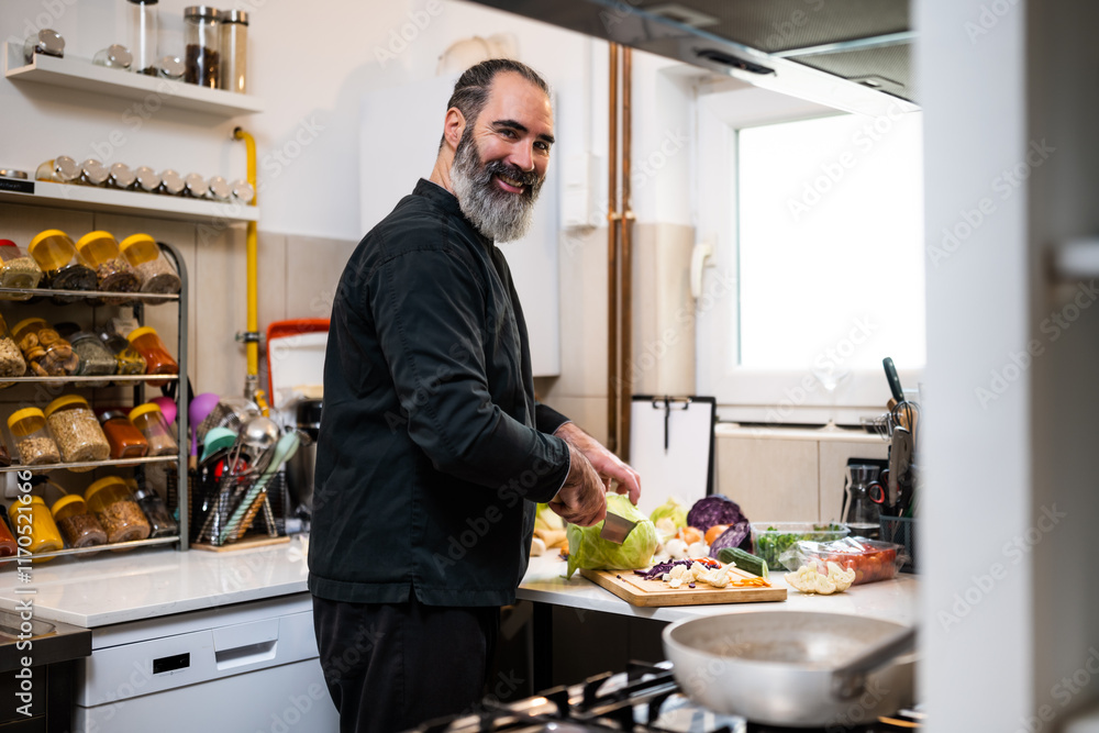 Professional chef is preparing meal in restaurant's kitchen. He makes a vegetarian lunch. Professional chef is preparing meal in restaurant's kitchen. He makes a vegetarian lunch.