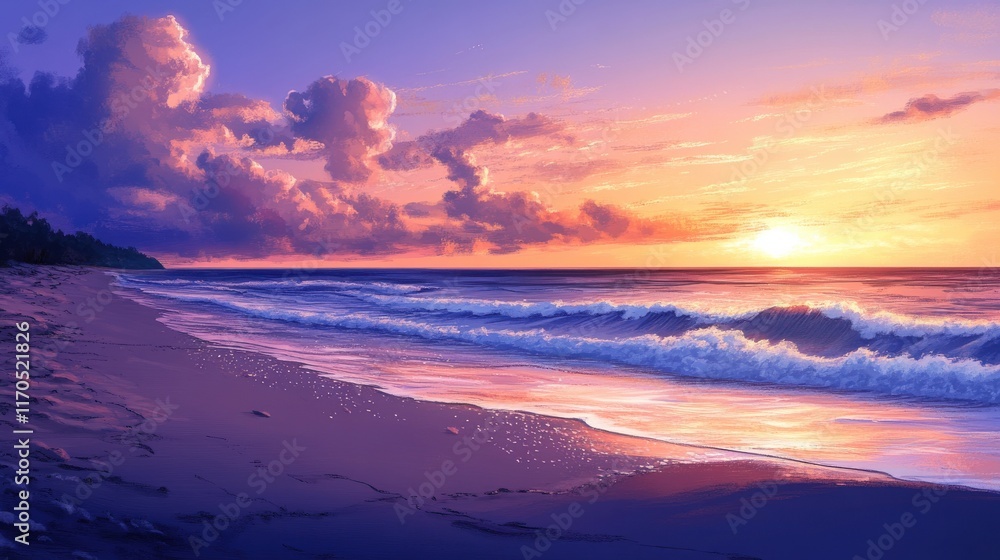Serene spring beach at dusk with soft waves and colorful sky reflected in calm waters Serene spring beach at dusk with soft waves and colorful sky reflected in calm waters