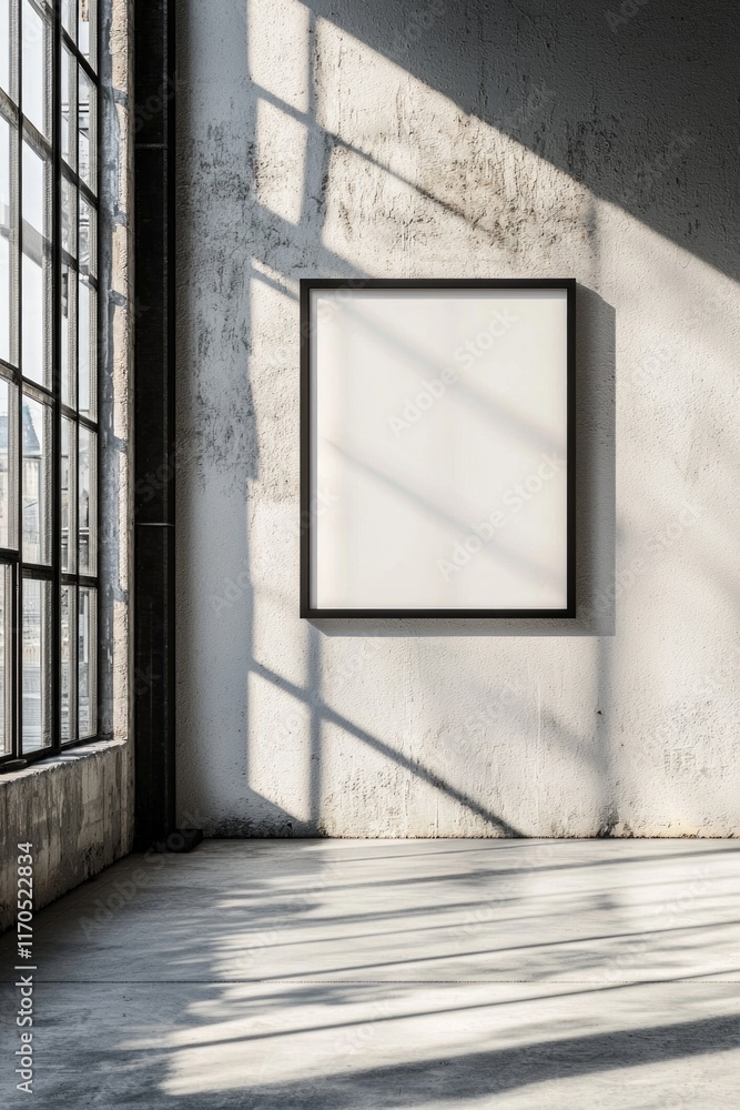 A clean, industrial loft space featuring an empty black frame mounted on a light gray concrete wall, bathed in natural sunlight A clean, industrial loft space featuring an empty black frame mounted on a light gray concrete wall, bathed in natural sunlight