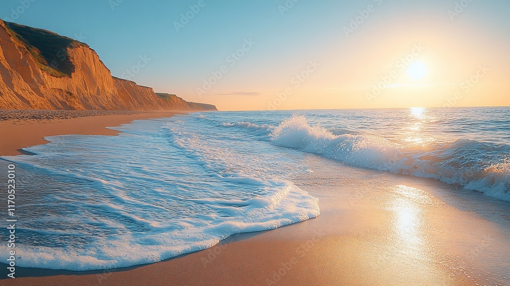 Obraz premium Sandy Beach Sunset Waves Crashing Cliffs