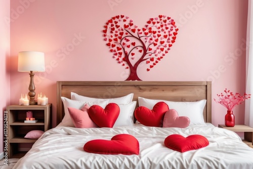 Red Heart-shaped pillow in a luxurious bedroom suite decorated with soft lighting and elegant furnishings for valentine day photo