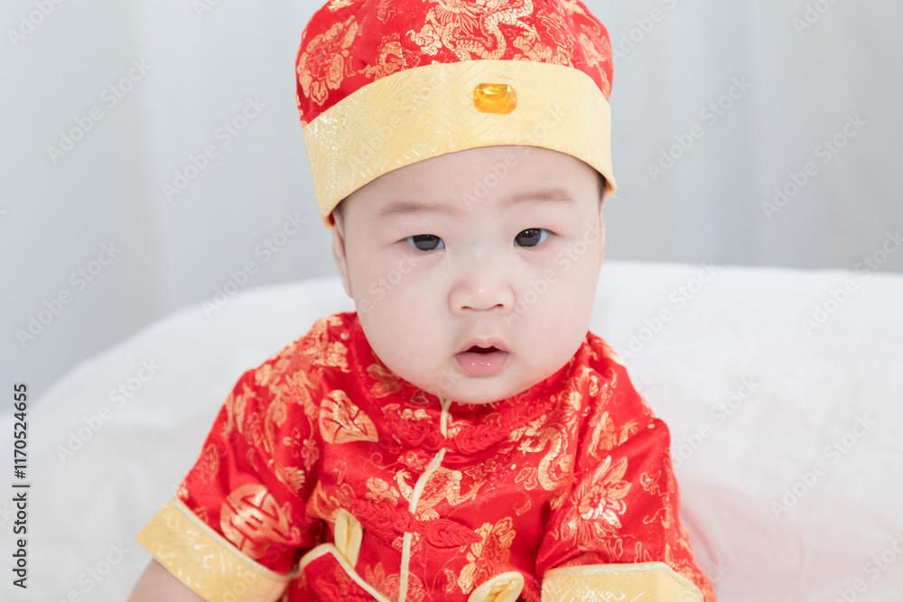 Chinese New Year oriental culture celebration concept, adorable Asian boy in red costume smiling to camera, curiosity baby lying down in bed, Chinese infant in traditional clothes crawling development Chinese New Year oriental culture celebration concept, adorable Asian boy in red costume smiling to camera, curiosity baby lying down in bed, Chinese infant in traditional clothes crawling development