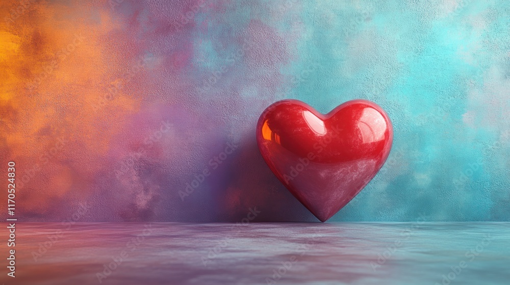 Fototapeta premium Red heart against colorful wall.