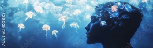 Mystical profile of a man surrounded by luminescent jellyfish in an underwater dreamscape photo