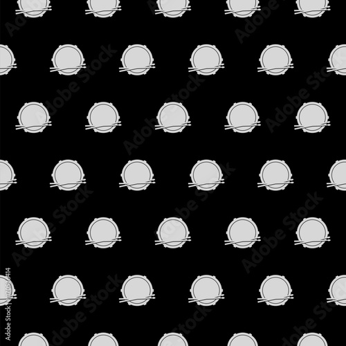 Musical instrument drum and sticks icon isolated seamless pattern on black background