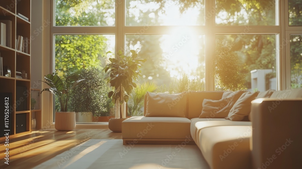 Fototapeta premium A bright and airy living room featuring sleek furniture and large windows for a contemporary and comfortable vibe.