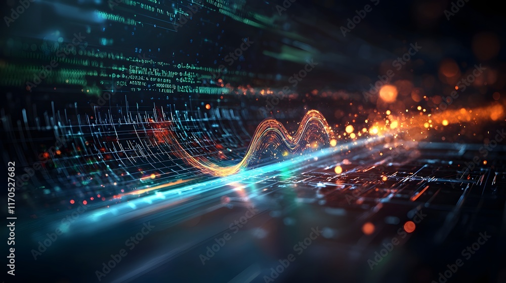 Fototapeta premium Quantum simulation showcasing intricate projectile motion patterns with real time holographic parabolas and velocity vectors leaving ample copy space on the top right for design elements
