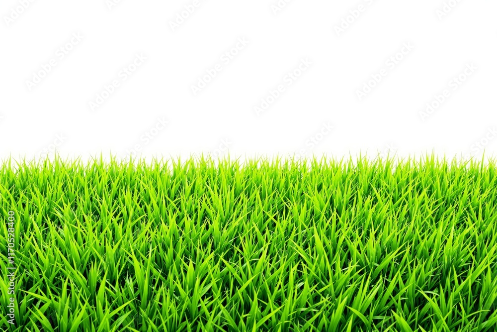 Fototapeta premium Lush green grass blades evenly spread across the bottom with a clean white background. Ideal for nature-based mockups, templates, or design concepts. Ai generative
