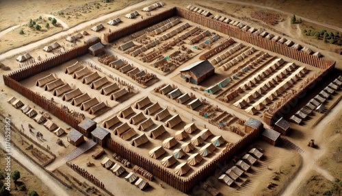 Bird's-eye view of a Roman legionary camp with accurate layout and earthy tones. Generated with AI. photo