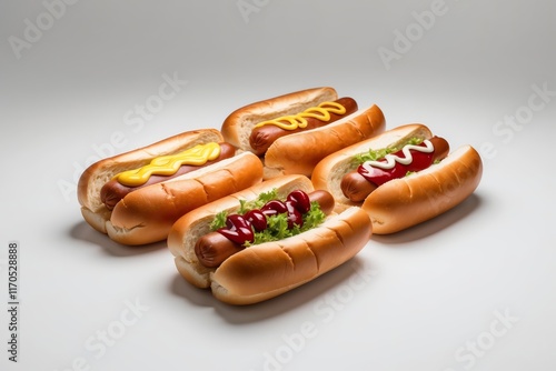 Four hot dogs with various toppings on soft buns. photo