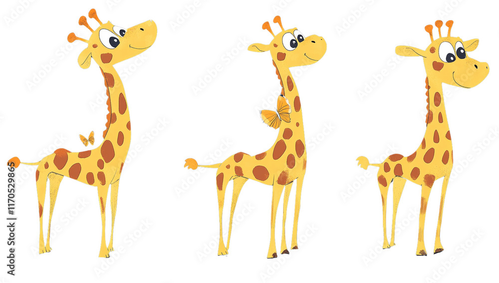 Naklejka premium Three cute cartoon giraffes with playful expressions stand against transparency background. Each giraffe has unique pose, showcasing their long necks and distinctive spots
