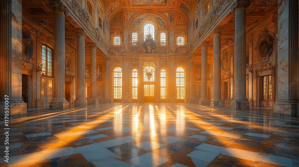 Fototapeta premium Sunlit Palace Hall Columns And Windows