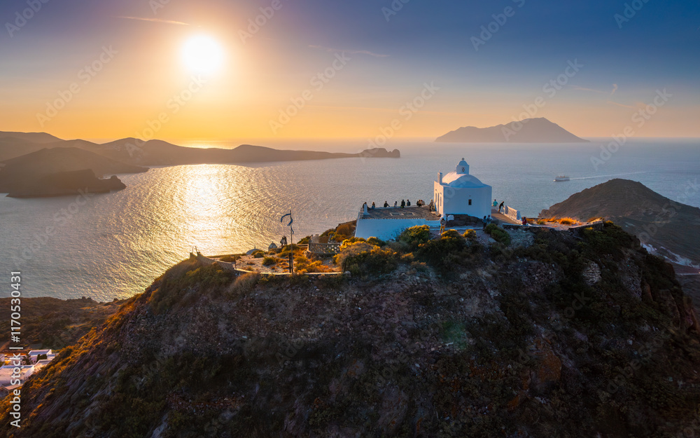 Panagia Thalassitra church view in the Plaka castle, Milos island, Greece