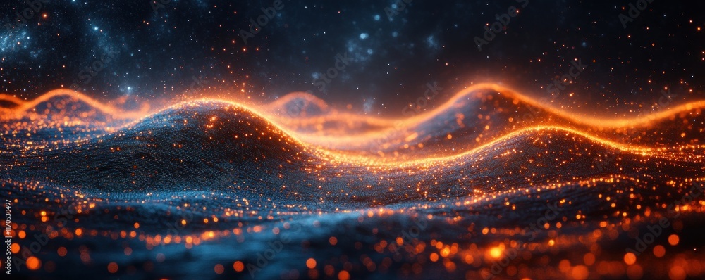 Obraz premium Futuristic Abstract Landscape with Glowing Lines for Technology Data Communication Coding AI Multimedia Networks