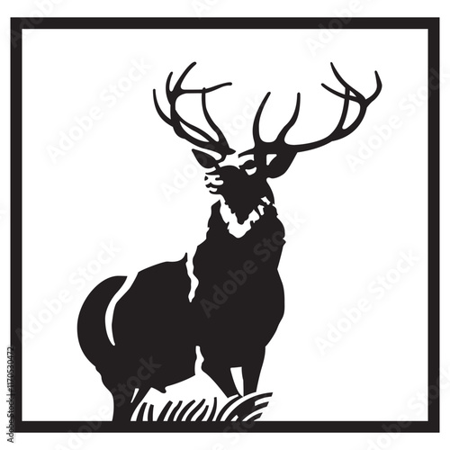 Cute big grace elegant strong power hoof rut rack head snout stand hunt fog farm winter field snow sky scenic view Old large zoo dry lawn meet sika baby child kid scene cartoon art logo emblem element