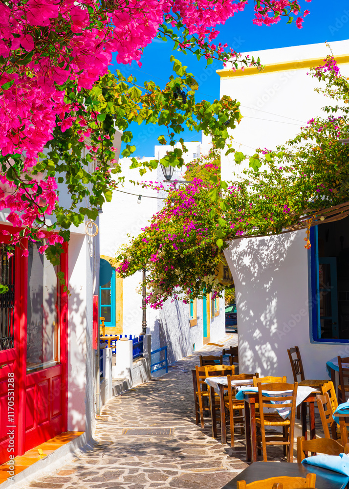 One of the cozy streets of Plaka town. Milos island, Greece