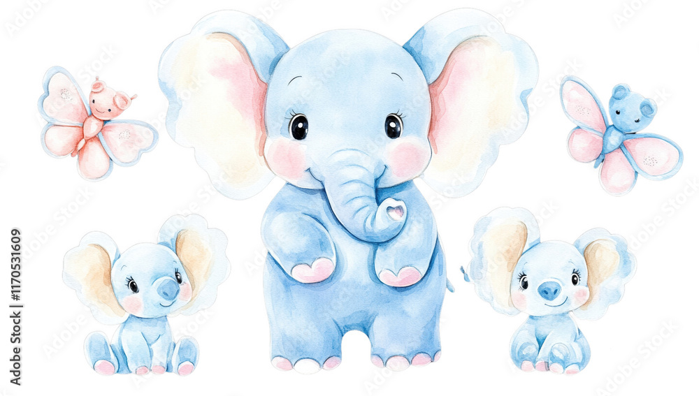 Fototapeta premium Adorable watercolor illustration of baby elephant with butterflies, showcasing cute and playful scene. soft pastel colors and charming expressions create whimsical atmosphere
