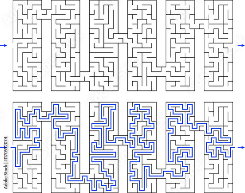Vector labyrinth composed of 6 connected vertical rectangular mazes. Black and white riddle with entry and exit. Find the way through labyrinth puzzle. Medium level difficulty game for childrens and a