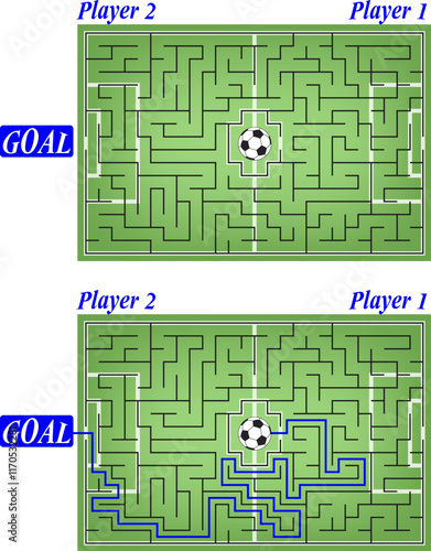 Vector labyrinth inside the football stadium. Help the Player 1 win. Move the ball from the center of grass field to the goal of Player 2. Creative flat soccer maze. View from top
