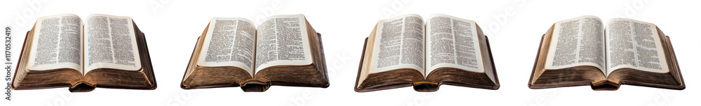 Obraz premium Open vintage Bibles showcasing detailed pages and bindings