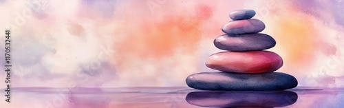 Close-up of balanced stones arranged in a serene watercolor background depicting calm and tranquility photo